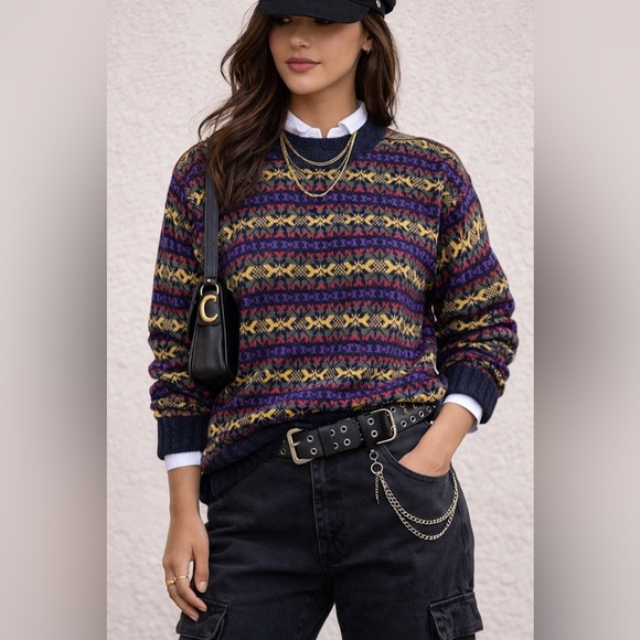 Vintage Sweaters - Vintage Knit Sweater - Multicolor Fair Isle - M